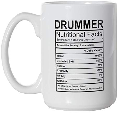 Tasse für Drummer Nutrition Facts Zutatenetikett – Schlagzeug-Musiker-Geschenk-Tasse – 425 ml Deluxe, doppelseitige Kaffee-/Teetasse
