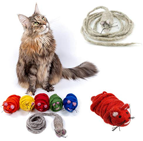 Mimis Daughters Felt Wool Natural Cat Kitten Chew Mouse Scratch Chase Play Toy - Interactive Exercise 2M Long Tail - For Indoor Cats - Unique Handmade Felt Cat Toy