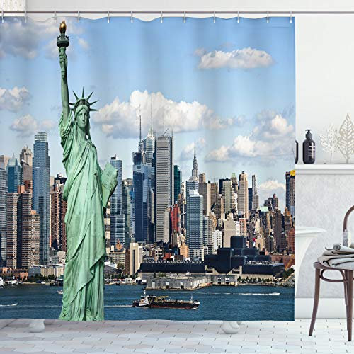ABAKUHAUS New York Rideau de Douche, Liberty NYC, Tissu Ensemble de Décor de Salle de Bain avec Crochets, 175 cm x 180 cm, Monnaie Bleu