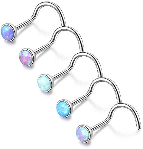 ZS 5 Pieces Blue Opal Nose Studs 20 Gauge Nose Pin L-Shape Nose Piercing Stud Stainless Steel Nose Stud Retainer