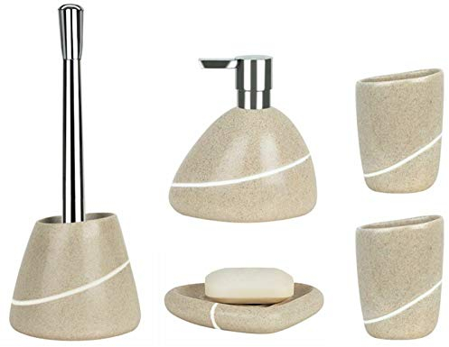 Spirella Badezimmer Set, 5-teiliges Badzubehör aus Keramik Etna Seifenspender, WC Bürste, Seifenschale, Aufbewahrungsdose und Zahnputzbecher Sand Beige Stone