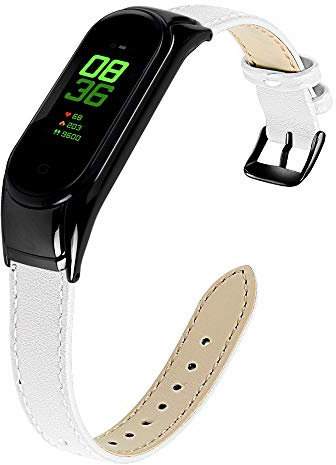 RuenTech Kompatibel mit Xiaomi Mi Band 3 / Mi Band 4 Armband Schlank Echtes Leder Armbands Ersatz Zubehör für Frauen Männer Mi Band 3/Mi Band 4 Uhrenarmbänder (White)