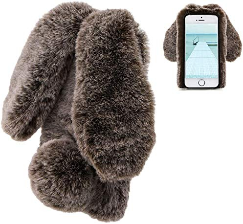 LCHDA Plüsch Hülle für iPhone SE 2. Generation/iPhone 8/iPhone 7(4.7) Flauschige Hasen Fell Handyhülle Mädchen Süße Künstlicher Kaninchen Niedlich Hasenohren Schützend Stoßfest Silikonhülle-Braun