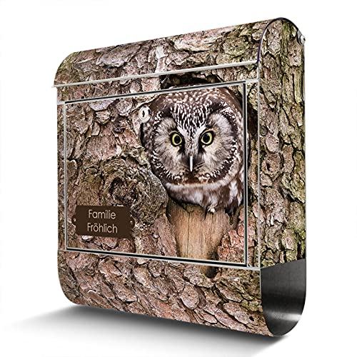 banjado® Briefkasten Edelstahl personalisiert mit Motiv Eule 38x43x12cm & 2 Schlüssel - rostfreier Edelstahl Briefkasten mit Zeitungsfach - Postkasten A4 Einwurf inkl. Montagematerial