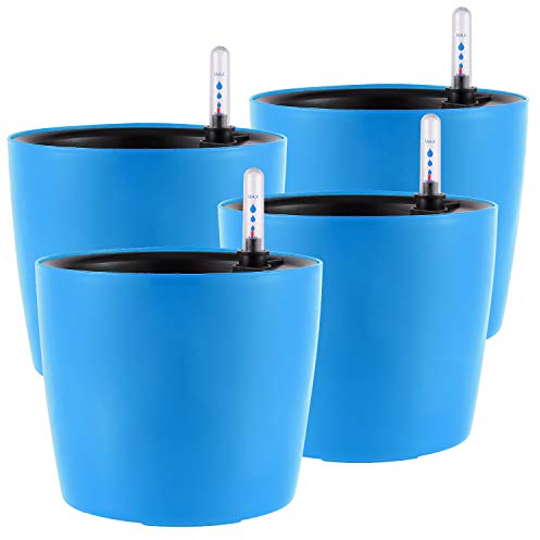 KINJOEK Selbstbewässernder Topf mit Wasserstandsanzeige, blau, modern, dekorativ, selbstbewässernder Übertopf für Zimmerpflanzen, afrikanische Veilchen, Sukkulenten, 4 Packungen