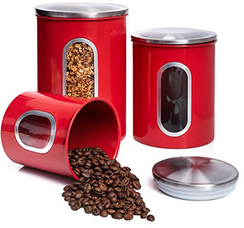 MiXPRESSO Juego de 3 botes negros para la cocina, tarros de cocina con ventana transparente | Contenedor hermético de café, organizador de té y recipiente de azúcar, recipientes de cocina (rojo)