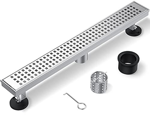 ZEKOO Linearer Duschablauf, 30,5 cm, gebürsteter 304 Edelstahl, Bodenablauf mit abnehmbarem Abstreifgitter, Haarfänger, Gewindeadapter, rechteckige Duschabläufe