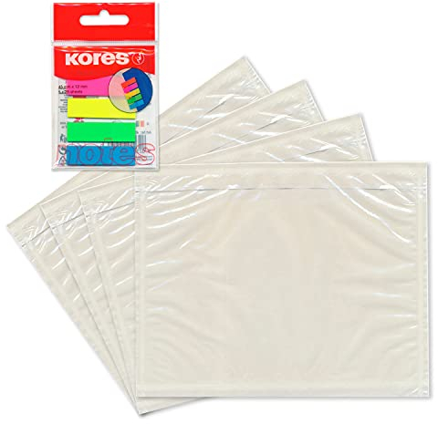 WPTrading - 250 x Lieferscheintaschen 225 x 165 mm in DIN C5 Transparent inkl. 125 Page-Marker in 5 Farben - Dokumenten-Taschen selbstklebend, lang, blanko - Begleitpapiertaschen für Versand