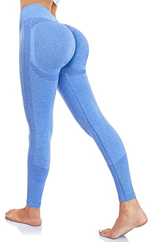 Yaavii Leggings Damen High Waist Sport Leggings Push Up Booty Lift Gym Yoga Pants Ruched Sporthose Blau M