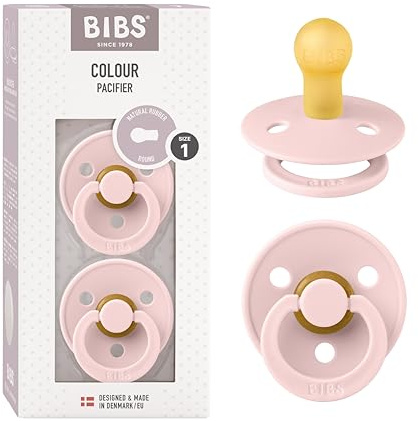 BIBS Colour Dummy, 0-6 Months, 2-Pack, Round Teat, Blossom | Natural Rubber Latex | Size 1 | BPA-Free | Made in Denmark | High Teat Acceptance | Airflow Holes | Comfort Shield