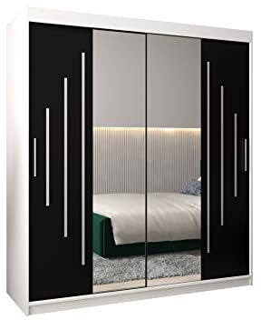 E- MEUBLES Armoire de Chambre avec 2 Portes coulissantes et Miroir Style Contemporain Penderie (Tringle) avec étagères (LxHxP): 180cmx200cmx62cm Maltese 1 (Blanc + Noir)