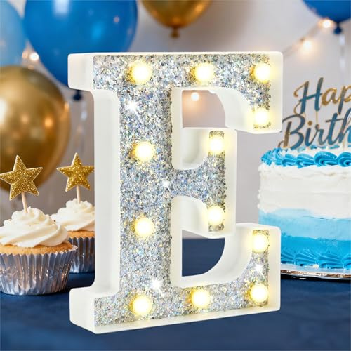 LED Marquee Letter Lights, Light Up Silver Letters for Bedroom Glitter Gifts for Teenage Girls Alphabet Letter Sign Battery Powered Night Light Birthday Party Wedding Home Decoration, Silver Letter E