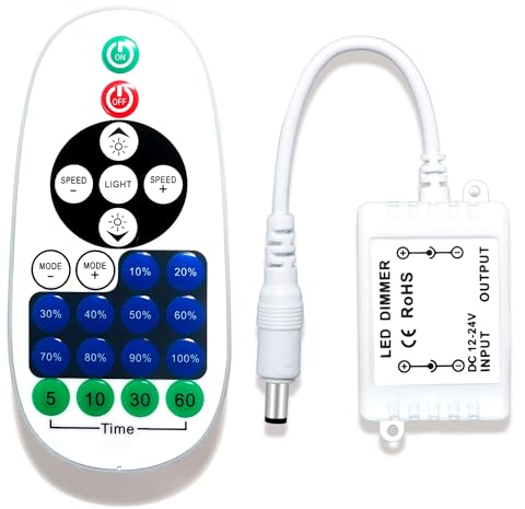 JBEIY Remote Controller for Single Color LED Strip Lights and Neon Sign,Remote Control with DC Connector,Dimmer for 12V DC LED Ribbon, Shelf Lights
