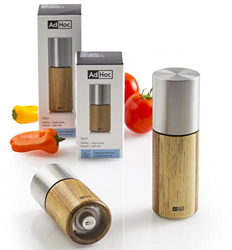AdHoc Set manuelle Salzmühle und Pfeffermühle Ikon | langlebiges Keramikmahlwerk | Mahlergebnis fein bis grob | Akazienholz & Edelstahl | Gewürzmühlen mit Meersalz & Pfeffer gratis