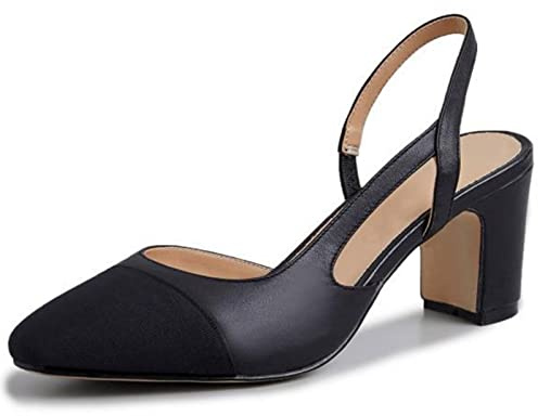MICIFA Slingback Heels for Women,Round Toe Chunky Heeled Pumps Ankle Strap Fashion Splicing Dress Shoes