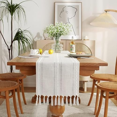 Wracra Camino de Mesa de Algodón con Tejido Calado, Estilo Campesino Marfil Camino de Mesa de 150cm de Largo con Borlas para Decoración de Mesas de Comedor, Cocina y Postres (Marfil, 150cm)