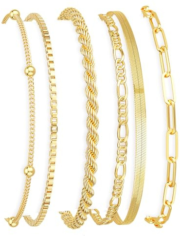 DEARMAY 14K Gold Plated Bracelets for Women Jewelry Sets Stack Trendy Dainty Stackable Paperclip Rope Snake Box Figaro Chain Bracelets Pack Costume Fashion Gifts