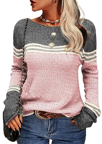 Tankaneo Pull en tricot à manches longues et col rond pour femme | Chemises à manches longues, pull au crochet, rayé, coupe ajustée, tricot, hauts, décontracté, sweat-shirt, haut, pull long