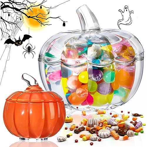 Dandat 2 Pcs Autumn Glass Pumpkin Jar with Lid 2 Sizes Halloween Candy Bowl Cute Snack Jar Crystal Candy Dish for Home Decoration Fall Thanksgiving Centerpieces Wedding Party, Clear and Orange