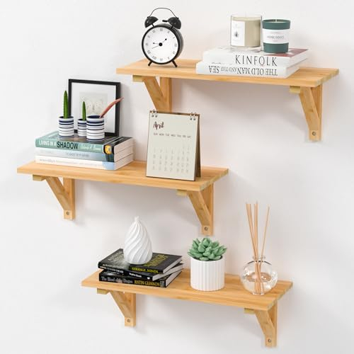 Ruichang Wandregal Holz 3er Set Küchenregal Hängend Bücherregal Wand Hängeregal Regalbrett Wall Schweberegal für Kinderzimmer, Wohnzimmer, Küche