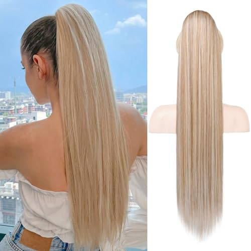 REECHO Pferdeschwanzverlängerung, 28 lange gerade Kordelzug Pony Haarverlängerung Synthetischer Pferdeschwanz Haarteil für Frauen - Dunkelblond mit Highlights