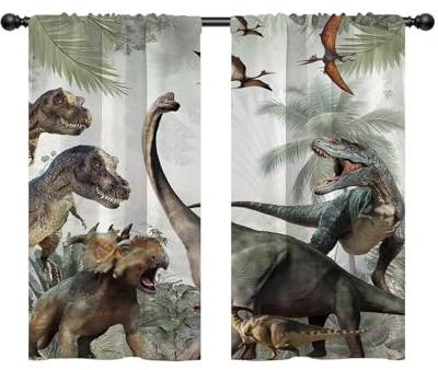 EOVDSFW Dinosaurier-Küchenfenstervorhänge, Stangentasche, klein, kurz, Cafe, Jurassic Dino für Jungen, Kinder, Tiere, Natur, wilder Wald, niedliche Vorhänge, Raumvorhänge, 2 Paneele für Wohnzimmer