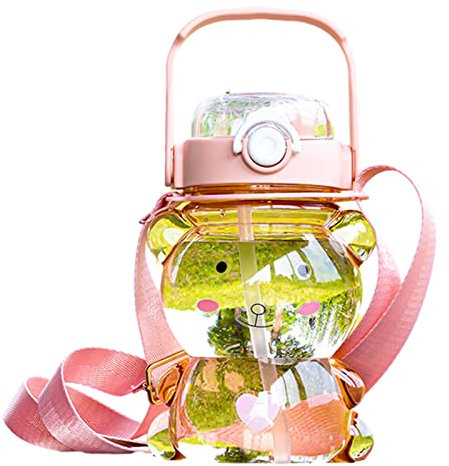 Maciun Botella de agua de oso con pajita, botella de agua grande en forma de oso con correa para el hombro, botellas de agua para adolescentes, niñas, deportes escolares, botella creativa para beber