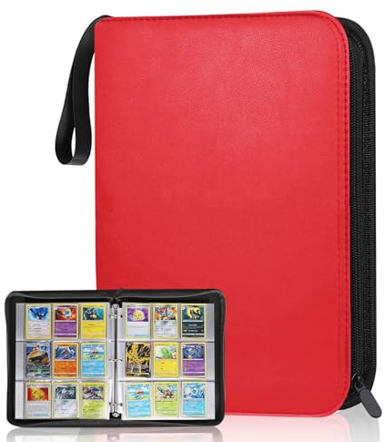 Sammelkarten Album, 50 Seiten Kapazität Sammelalbum Karten, PU Leder Karten Halter Heft Ordner Buch mit Reißverschluss, Wasserdicht Tragbar Sammelmappe, Geschenk für Kinder (Rot 900 Karten)