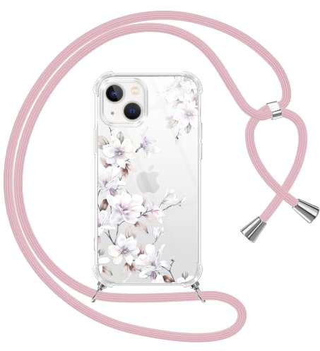 Yoedge Coque avec Cordon pour iPhone 14/iPhone 13 6,1,Collier Réglable Étui Transparente Aesthetic Motif Fleur Femmes Filles Case, Silicone TPU + PC Antichoc Housse Tour de Cou Laniere Corde Cover,05