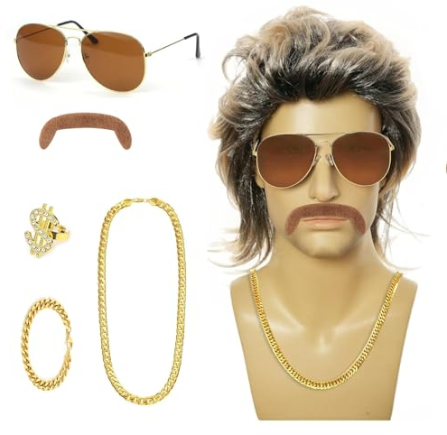 6PCS Pack Rock Kostüm Herren Perücke Schwarz Lockig Disco Kostüm Herren Party Kostüm Männer mit Perücke, Sonnenbrille, Bart, Armband, Ring, Halskette für 70er 80er 90er