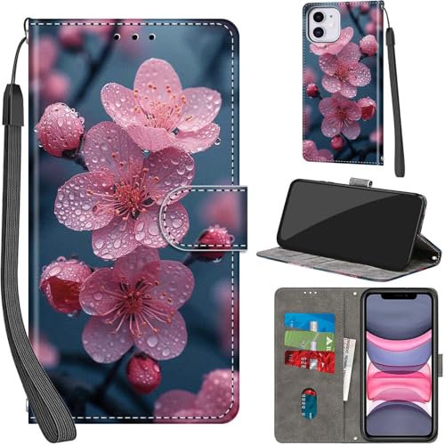 For iPhone 11 Leather Wallet Case,Flip Protective Book Cover with Card Holder,Stand Wrist Strap Magnetic Flip Cover Compatible with for iPhone 11 Case -Flowers