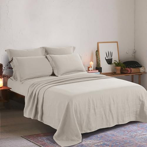 CHUFFED Leinen Bettlaken Leinen Baumwolle Bett Laken, Atmungsaktive Bettwäsche für Bauernhäuser, Soft Washed Finish Bettlaken, Doppelbett (150 x 250 cm), Beige