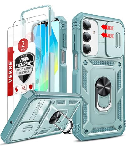 LeYi Fallschutz Hülle für Samsung Galaxy A16 5G Slide Kamera Klappe Handyhülle [2 Hartglas Handyfolie] Metallständer Kamera Abdeckung Schutzhülle Halterung A 16 Case Robust Cover Handy Hüllen Grün