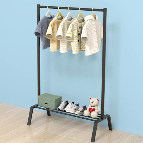 STWWO Kleiderständer für Kinder, Metall, Kleiderständer, Kinder-Kostüm-Regal mit Aufbewahrungsregal, Kleinkind-Kleiderständer, Organizer, Schwarz