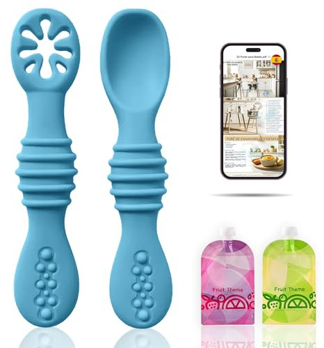 AZBaby Pack Cucharas silicona aprendizaje + 2 Bolsas de comida reutilizables + Libro 20 recetas rápidas de Purés saludables para tu bebé Código QR | Recomendadas por nutricionistas (Azules)