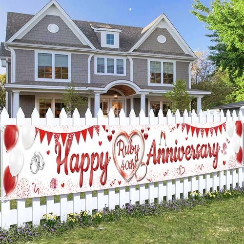 40th Wedding Anniversary Decorations Banner - Happy Ruby 40th Anniversary Yard Banners, Glitter Backdrop Party Supplies for Couples(37x274cm/14.5x107.8in)