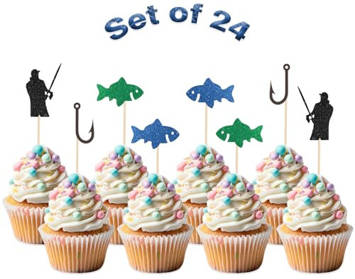 Kimini-Ki Fishing Cupcake Topper, 24Pcs Gone Fishing Cupcake Sign, Fisherman Theme Birthday Retirement Party Cupcake Decor, Men's Birthday Party Decorations