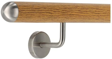 TIBU Handlauf Aluminium Eiche Holz Dekor 30-600cm Wandhandlauf Treppe gewinkelte Edelstahlhalter, Länge 390 cm mit 4 Halter und halbrunde Kappe