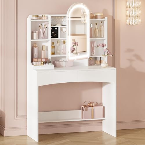 Hzuaneri Toeletta da Trucco con Illuminazione a LED, Piano D'appoggio Grande da 90 cm, Tavolo da Trucco con Specchio Rotondo Arcuato, Organizer per Gioielli Nascosto Dietro lo Specchio, Bianco