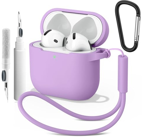 Wanme Case for AirPods 4 with Cleaner Pen, Silicone Protective Cover for Apple Airpods Generation 4 with Carabiner, Front LED Visible,Light Purple