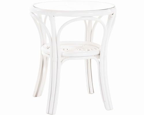 Krines Home Rattantisch klein Ø 56 cm mit Glasplatte Beistelltisch rund Wohnzimmertisch Kaffeetisch (Weiss, Ø56cm)