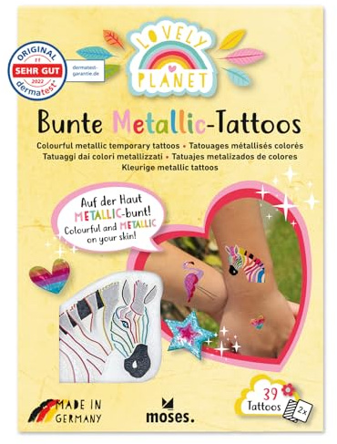 moses. Lovely Planet Bunte Metallic-Tattoos – 39 schimmernde Kindertattoos mit Regenbogen-Motiven, Klebetattoos auf 2 Bögen, dermatest-geprüft, Made in Germany