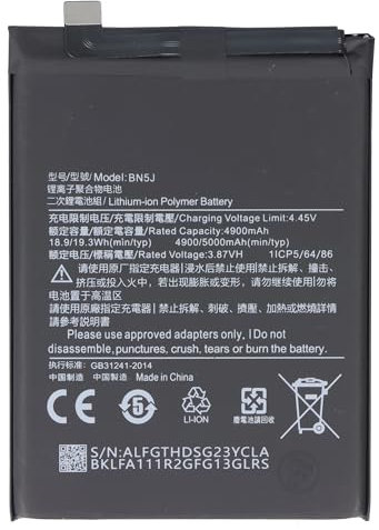 Batterie Li-polymère compatible avec Xiaomi Redmi Note 12 5G, 3,87 V, 5000 mAh, 19,35 Wh, sans outils