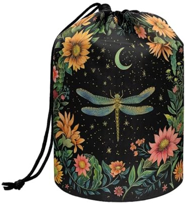 Wnbucioht Flower Dragonfly Barrel Drawstring Makeup Bag for Womens Traveling Portable Large Barrel Drawstring Cosmetic Bag Stand up Toiletry Travel Bag Portable Wash Bags Storage Pouch