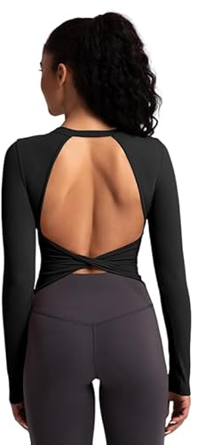 Sportshirt Damen Langarm rückenfrei: Oberteil Twist zurück Top mit Feste Cups - Sexy Sommer Shirt für Yoga Fitness Gym