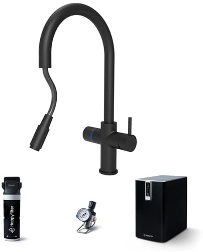 HappyFilter FizzRed Wassersprudler Wasserkocher | gekühlt | gesprudelt | kochend| 5in1 Flex Black Wasserhahn | Kalkfilter | Wasserspender | Büro | Küche | Festwasseranschluss | 425g CO2 Adapter