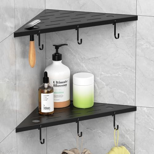 SZWQILIN Corner Shower Shelves, 10 Matte Black 304 Stainless Steel Recessed Shelf for Bathroom，Grout in Shelf with Hooks for Tiled Wall 2 Pack (Black)