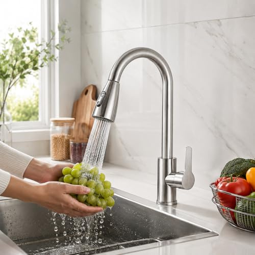 TVTIUO Wasserhahn Küche mit 2 Modi，360° Schwenkbar Armatur Mischbatterie Küche，Einhebel-Küchenarmatur mit Ausziehbrause，Gebürstet