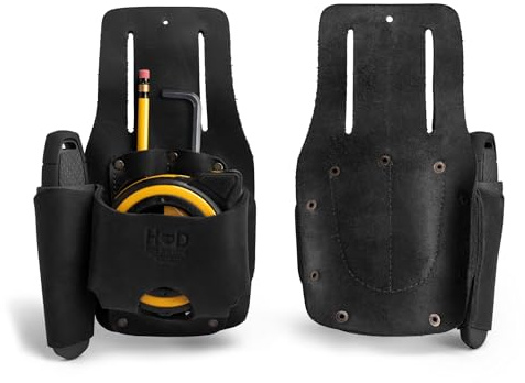 Hide & Drink, Tape & Knife Holder, Marking and Measuring Pouch, Tool Case, Screwdriver Holster, Pocket Belt Pouch, Full Grain Leather, Handmade (Charcoal Black)
