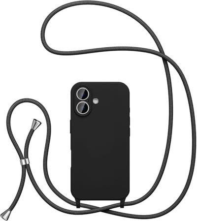 UEEBAI Crossbody Lanyard Phone case for iPhone 17, Silicone Liquid Phone Cover Necklace Cord Strap Soft Shockproof Protective Case - Black